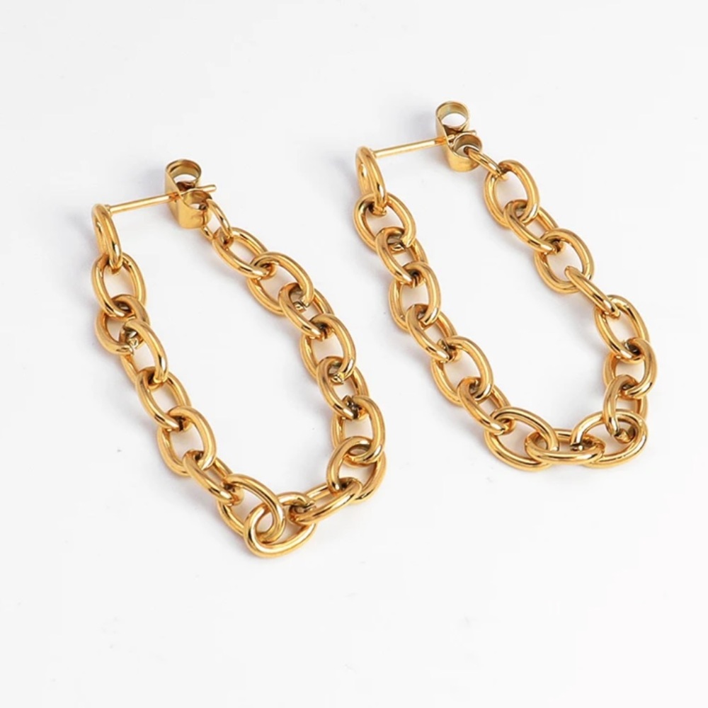14k Gold Plated Front to Back Chain Link Stud Drop Dangle Earrings